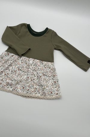 Kleid olivgrün mit Wiesenblumen-Rock